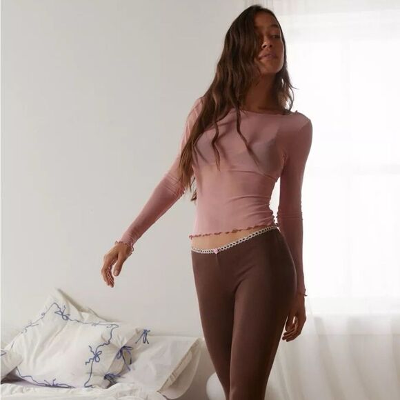 Out From Under Libby Sheer Mesh Long Sleeve Lettuce Hem Top Mauve Pink Medium - Picture 16 of 16